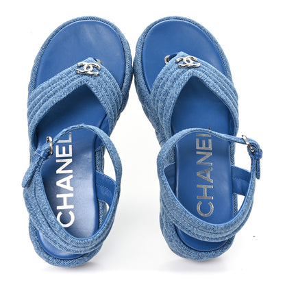 Chanel Denim Quilted CC Platform Thong Sandals 40 Blue 2 of 10