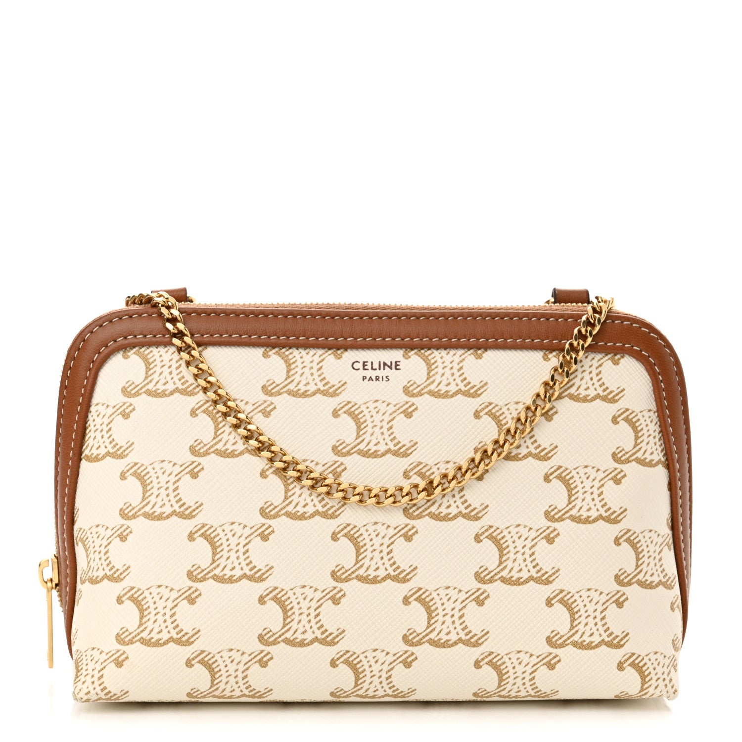 Celine Lambskin Triomphe Canvas Clutch With Chain White Tan 1 of 10