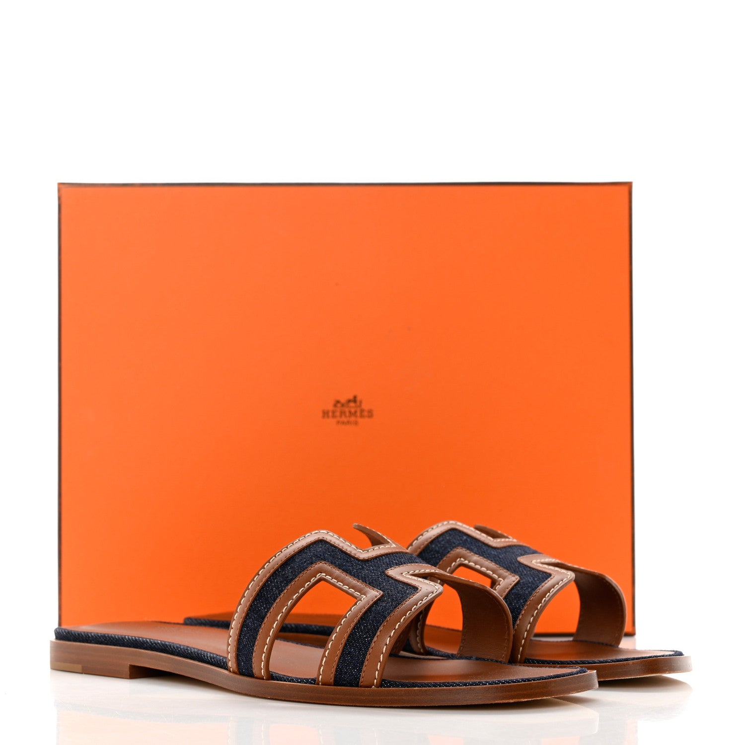 Hermes Calfskin Denim Oran Sandals 38.5 Bleu Brut Gold 9 of 9