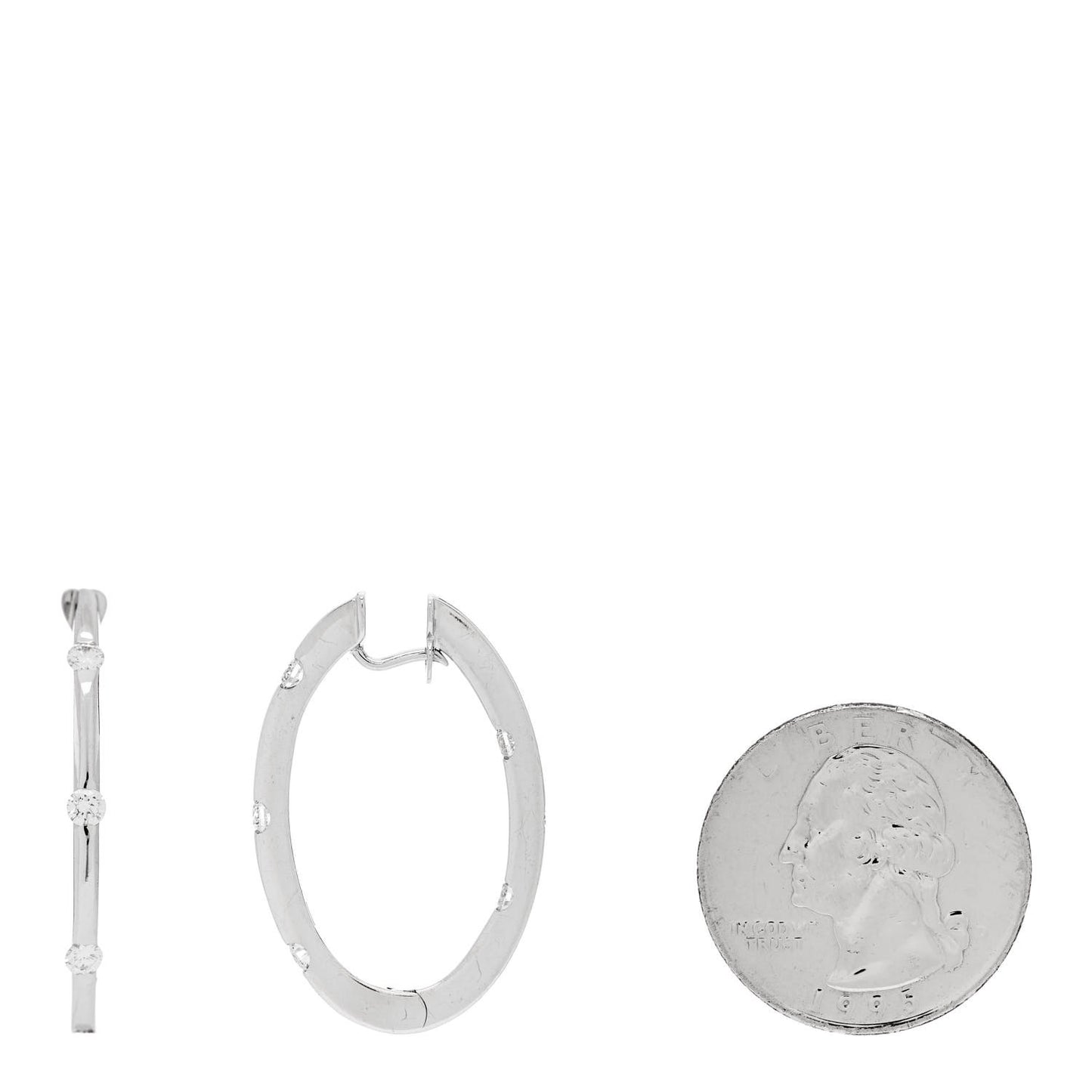 18K White Gold Diamond Flat Oval Hoop Earrings