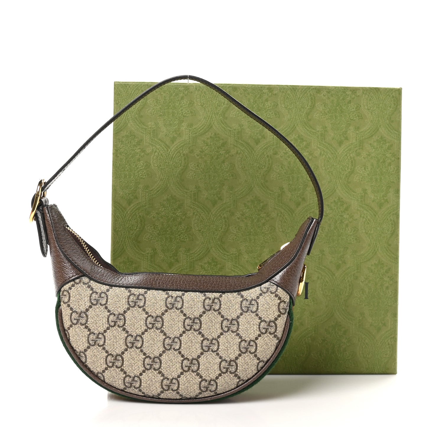 GG Supreme Monogram Textured Calfskin Web Mini Ophidia Half Moon Hobo Beige Ebony New Acero
