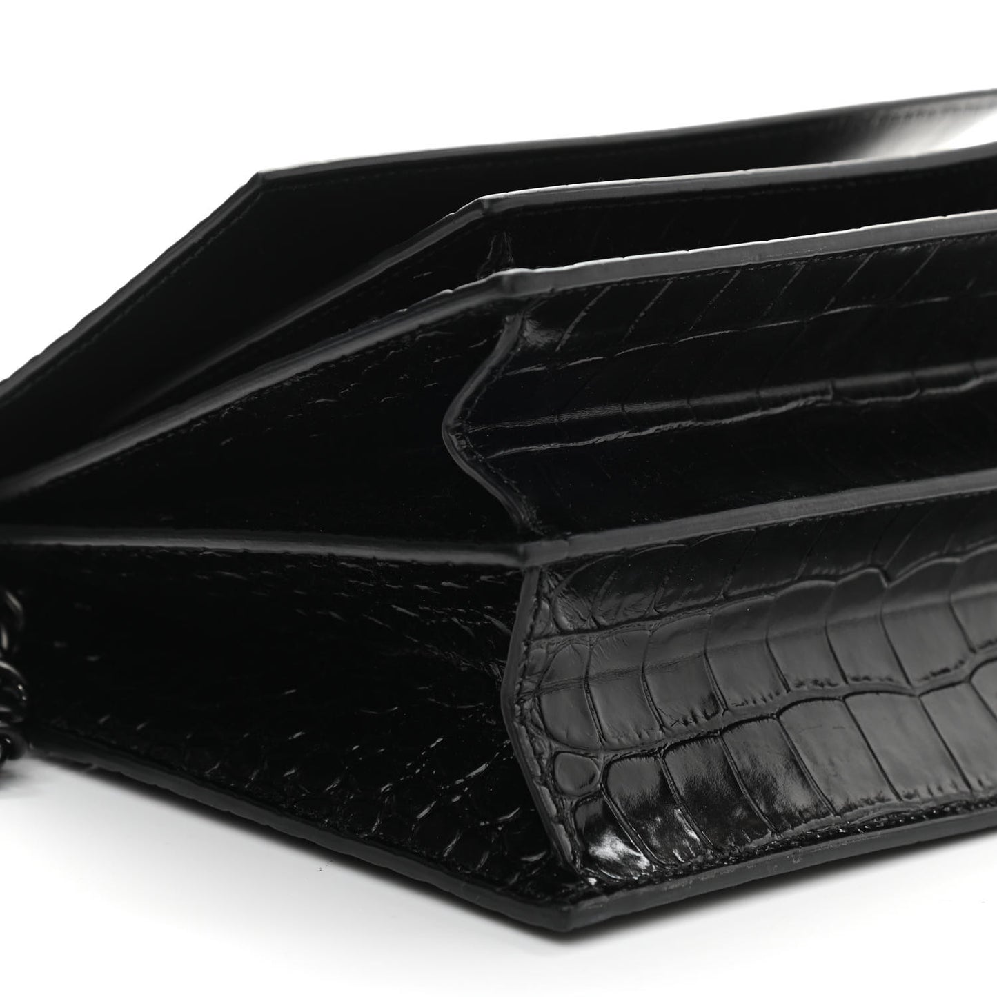 Shiny Calfskin Monochrome Crocodile Embossed S Sharp Chain Shoulder Bag Black