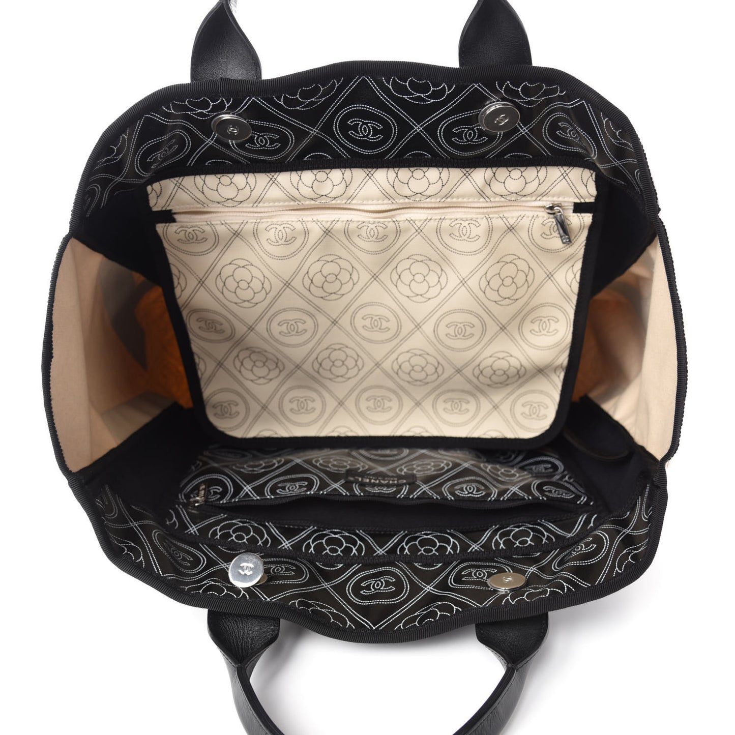 Coated Canvas Camellia Medium Shopping Tote Black Beige