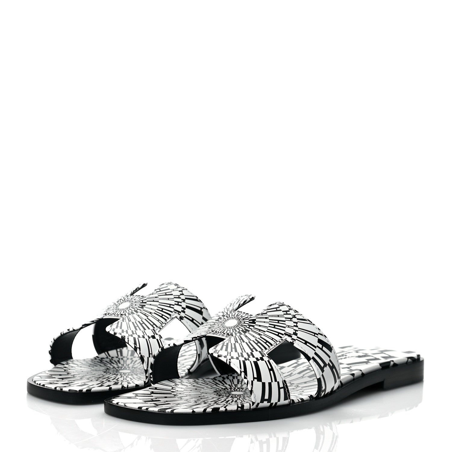 Hermes Calfskin Printed Op'H Oran Sandals 37 Black White 3 of 9