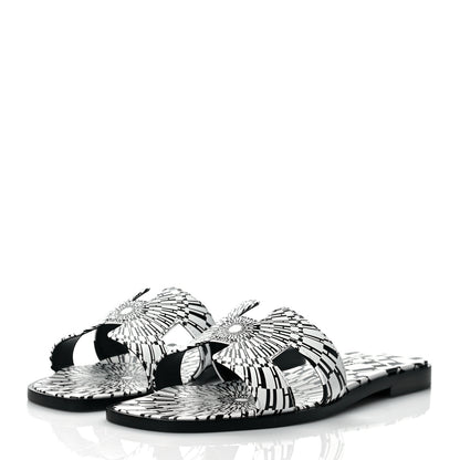Hermes Calfskin Printed Op'H Oran Sandals 37 Black White 3 of 9