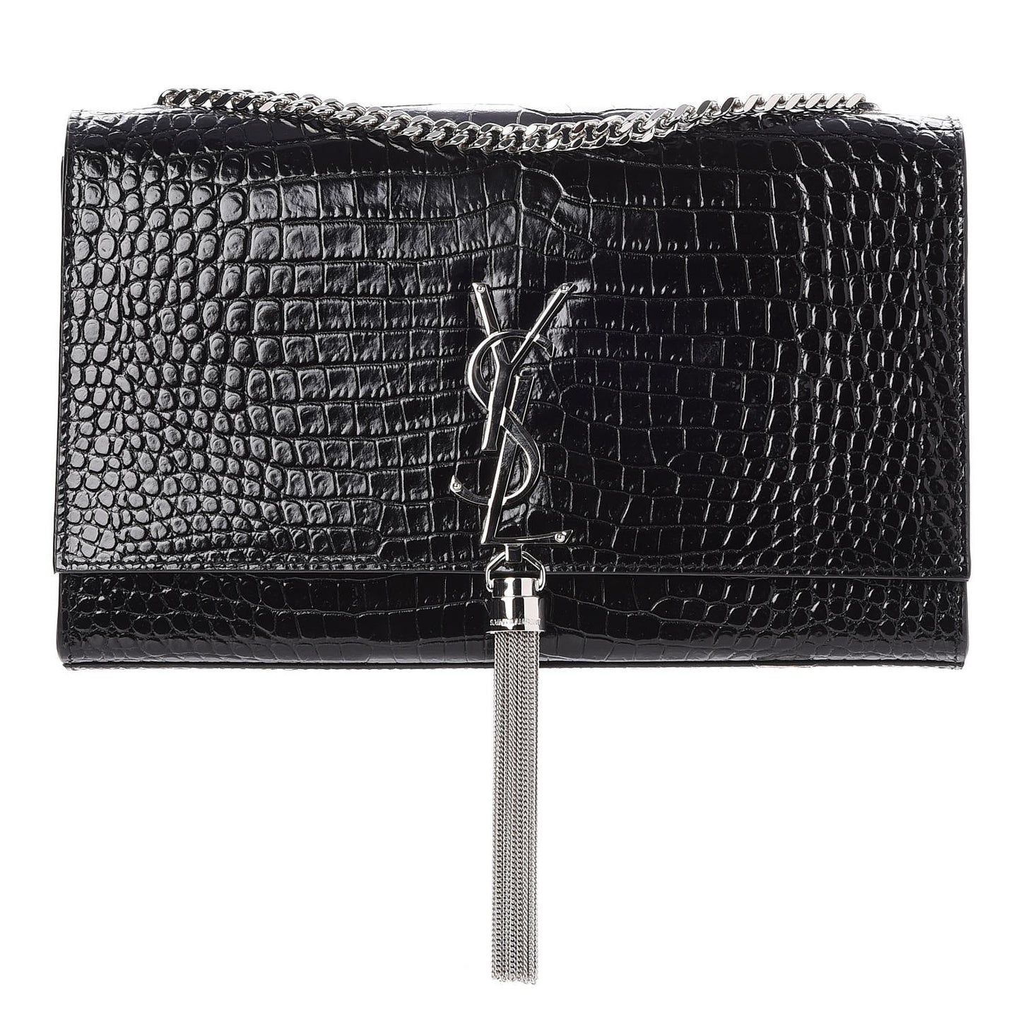 Calfskin Crocodile Embossed Medium Classic Monogram Kate Tassel Satchel Black