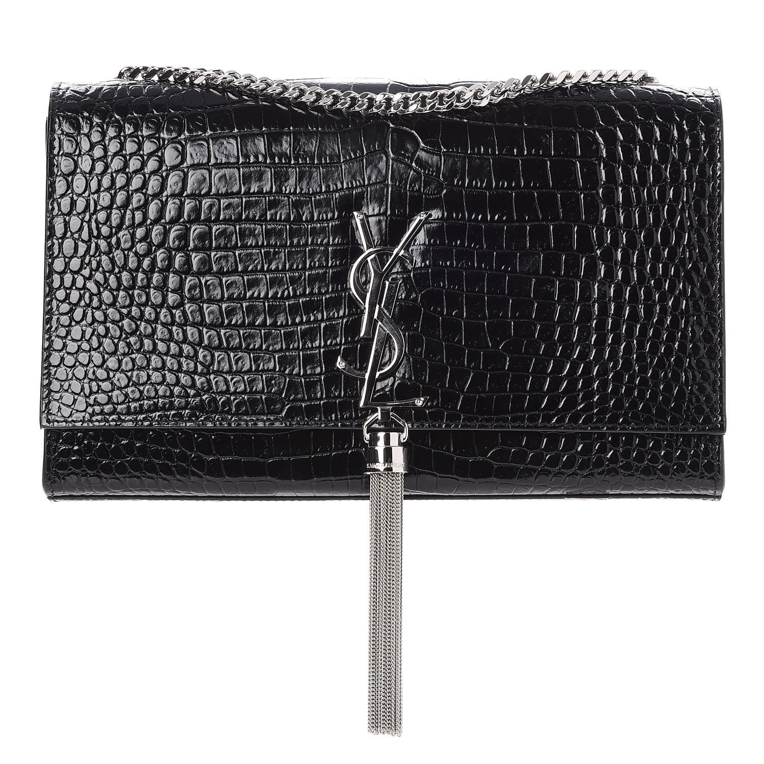 Saint Laurent Calfskin Crocodile Embossed Medium Classic Monogram Kate Tassel Satchel Black 1 of 7