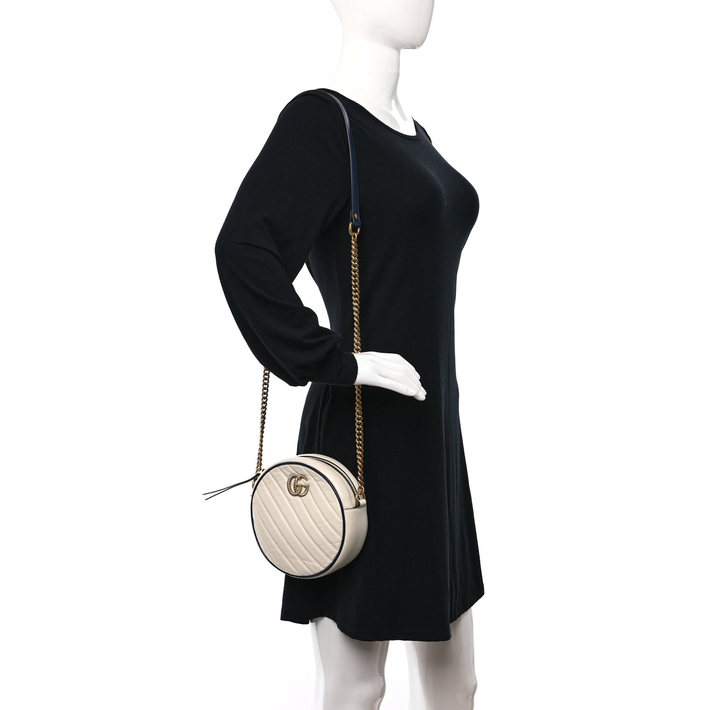 Azalea Calfskin Matelasse Diagonal Mini Torchon GG Marmont Round Shoulder Bag Mystic White Blue Agata