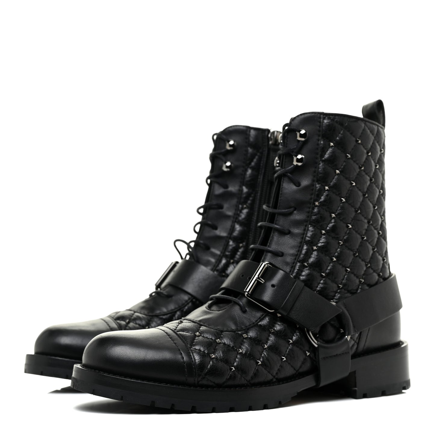 Crackled Lambskin Rockstud Spike 20mm Combat Boots 36.5 Black