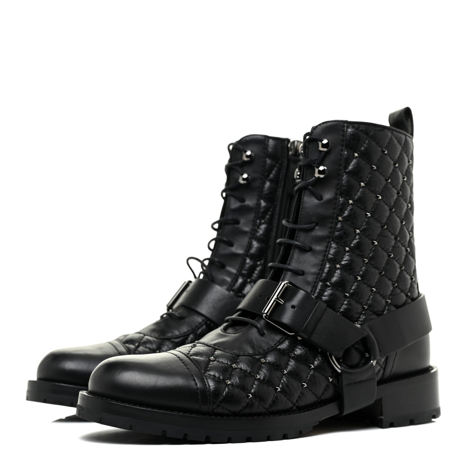 Valentino Garavani Crackled Lambskin Rockstud Spike 20mm Combat Boots 36.5 Black 3 of 11
