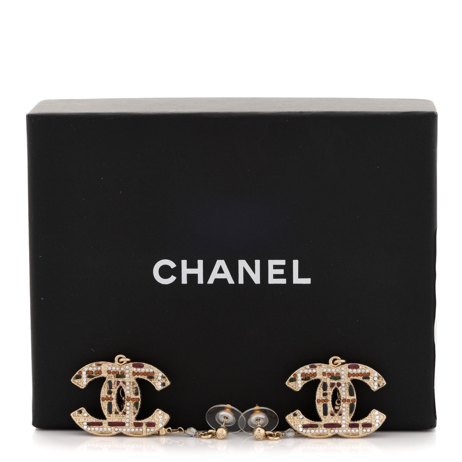 Chanel Pearl Crystal CC Tweed Drop Earrings Gold Brown Green 5 of 5