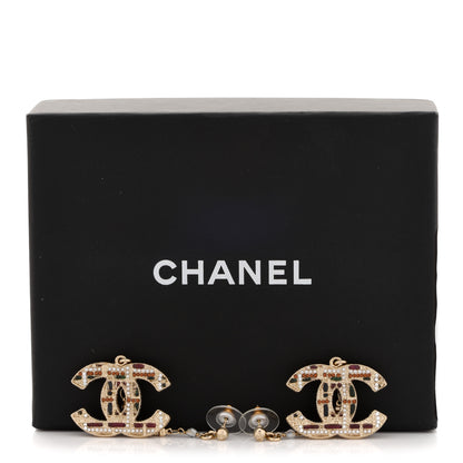 Chanel Pearl Crystal CC Tweed Drop Earrings Gold Brown Green 5 of 5