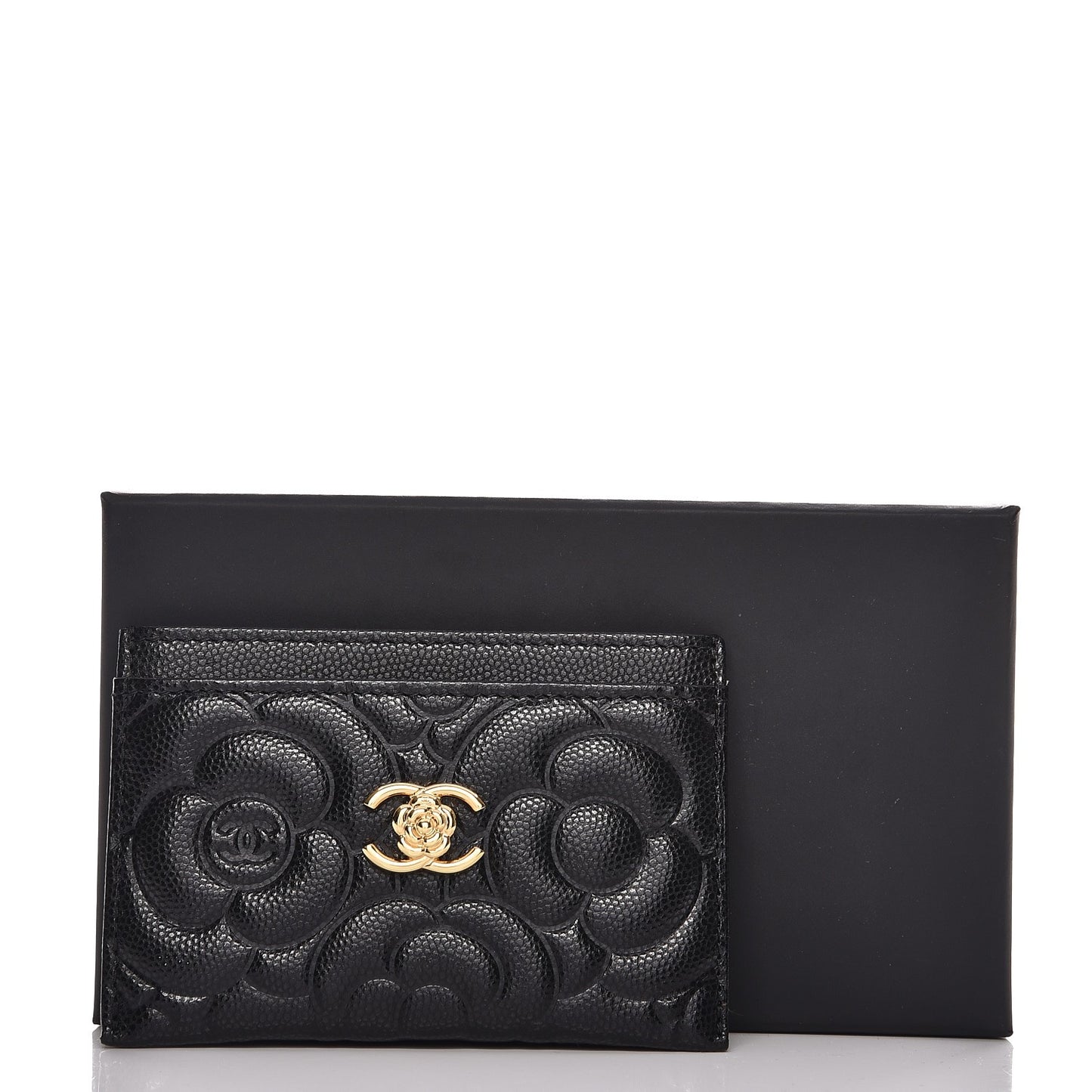 Caviar Camellia Embossed Card Holder Black