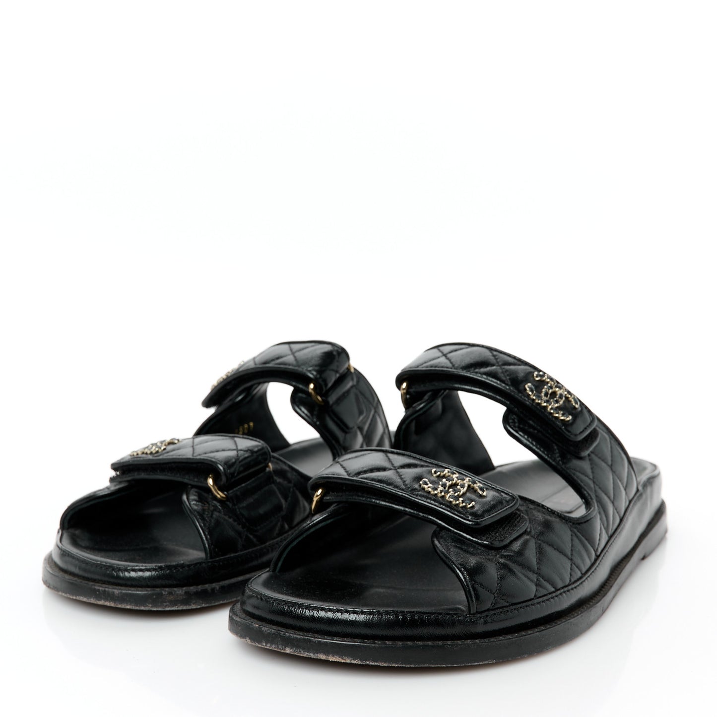 Lambskin Quilted Velcro Dad Chain CC Slide Sandals 41 Black