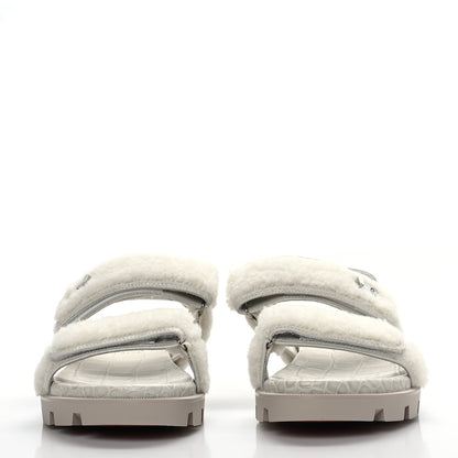 Christian Louboutin Calfskin Crocodile Embossed Lock Wool Flat Sandals 39.5 White 2 of 7