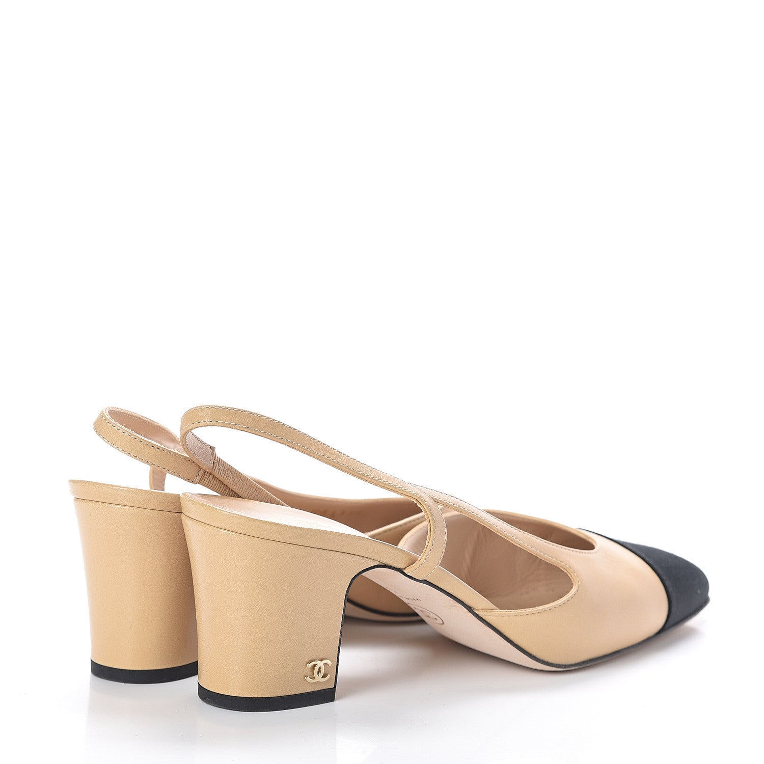 Chanel Goatskin Grosgrain Cap Toe CC Slingback Pumps 39 Beige Black 4 of 7