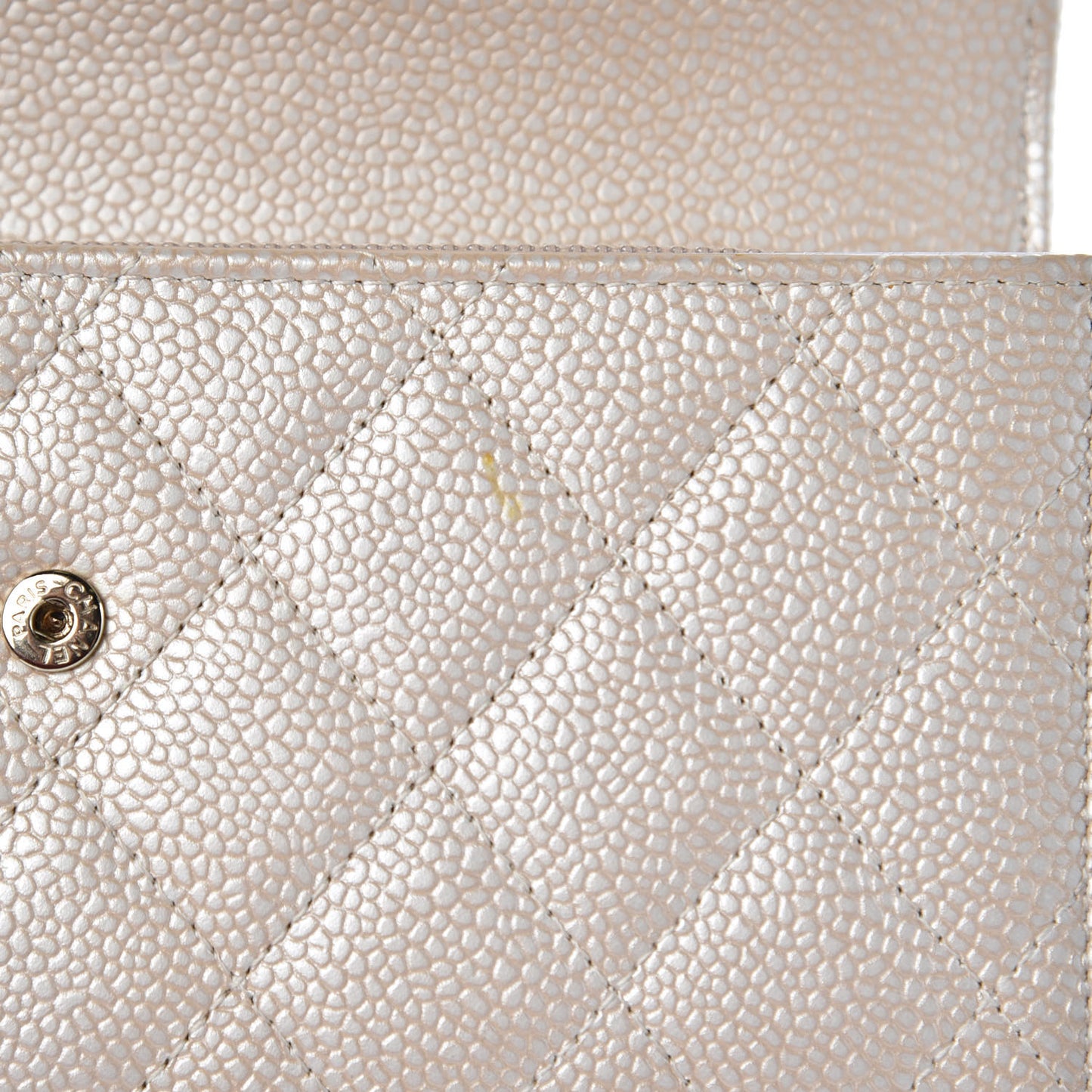 Metallic Caviar Quilted Large Gusset Flap Wallet Light Beige