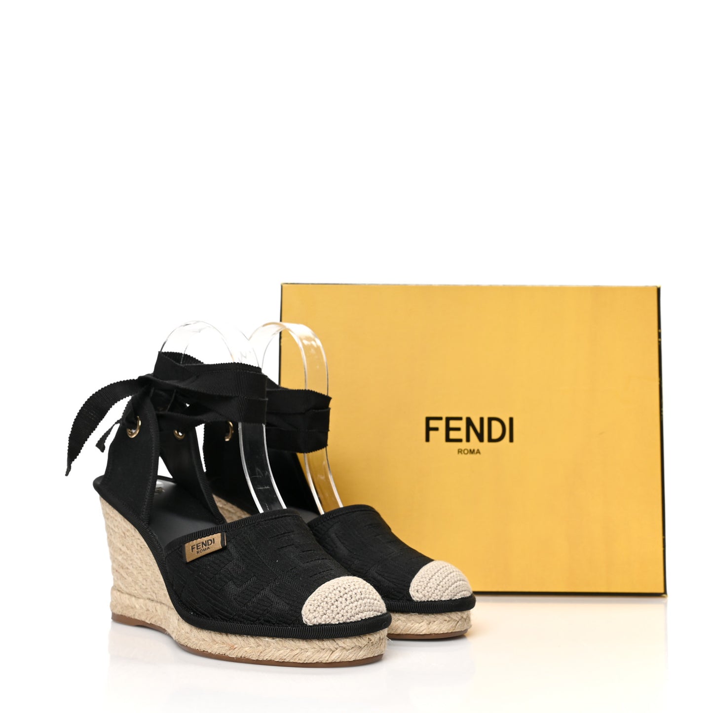 Canvas FF Embroidered Roma Ankle Wrap Espadrille Wedges 38 Black