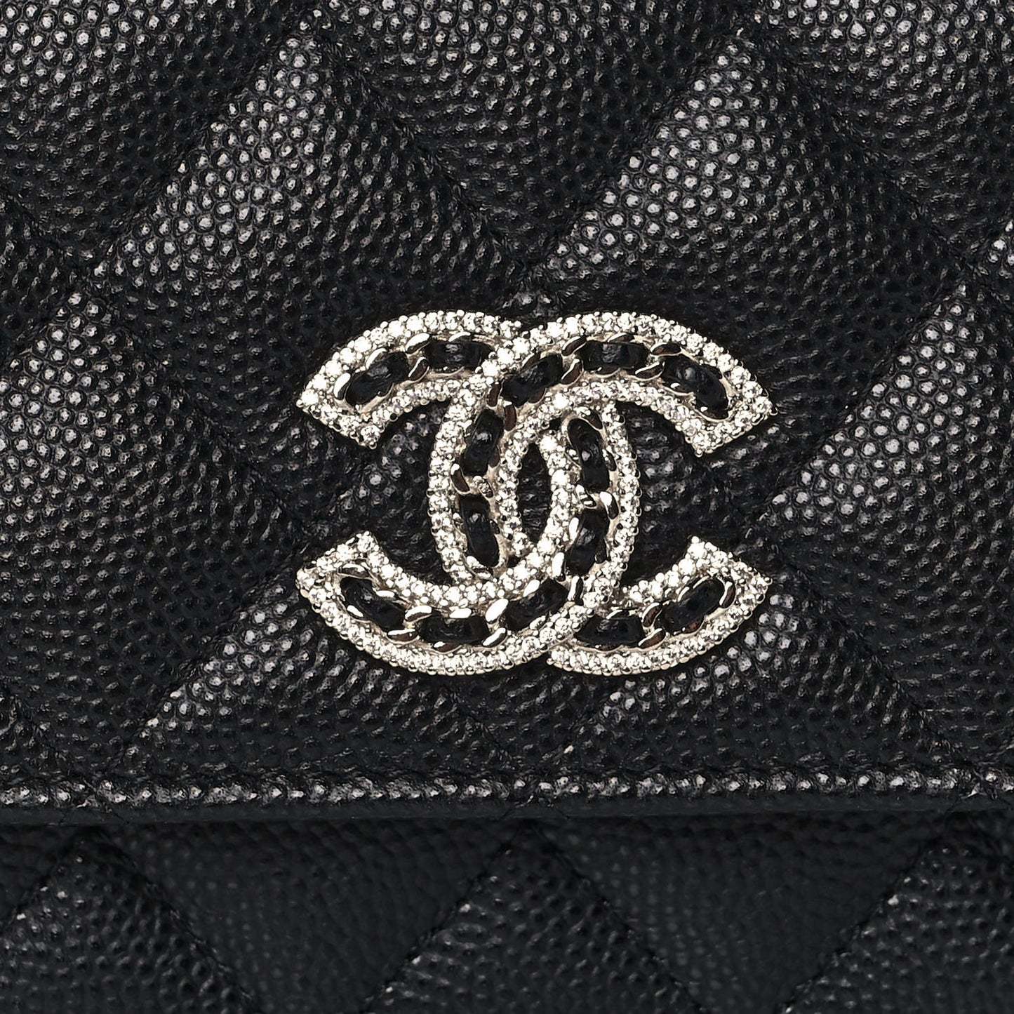 Caviar Quilted Crystal CC Large Gusset Flap Wallet Black