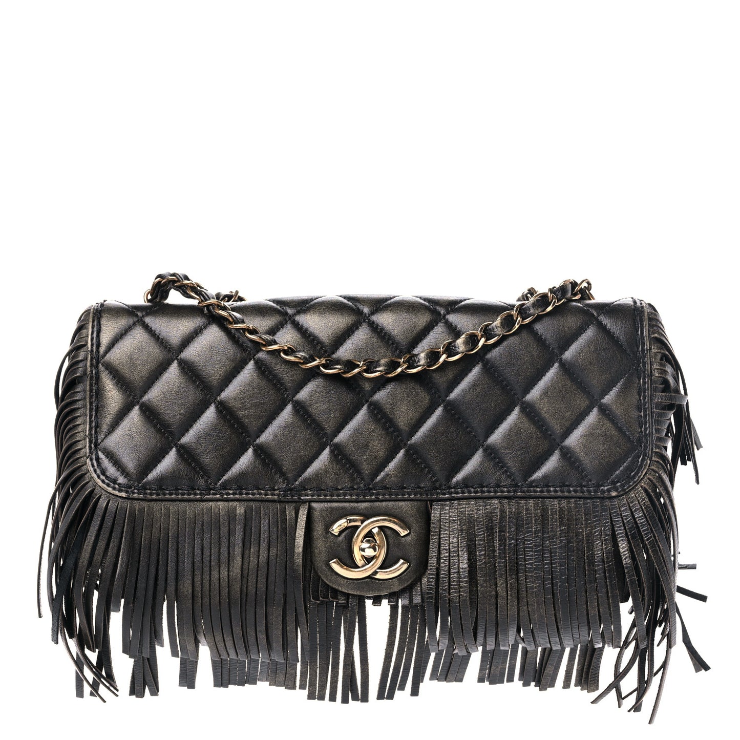 Metallic Calfskin Quilted Large Into The Fringe Flap Black