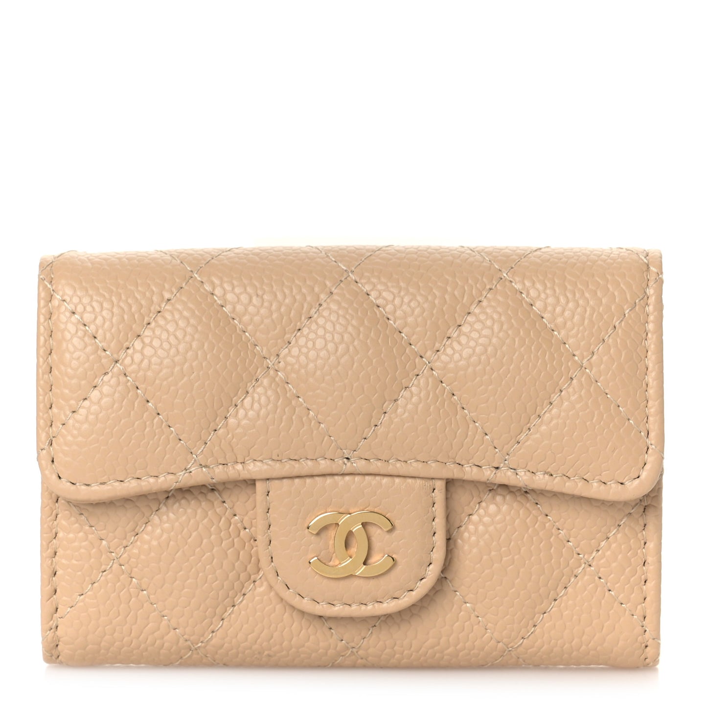 Caviar Quilted Flap Card Holder Wallet Beige