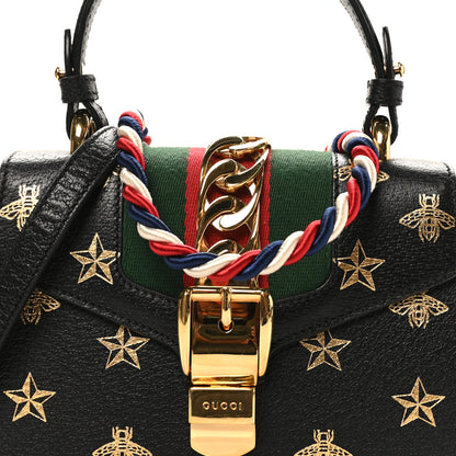Gucci Textured Calfskin Bee Star Print Mini Sylvie Top Handle Bag Black 8 of 10