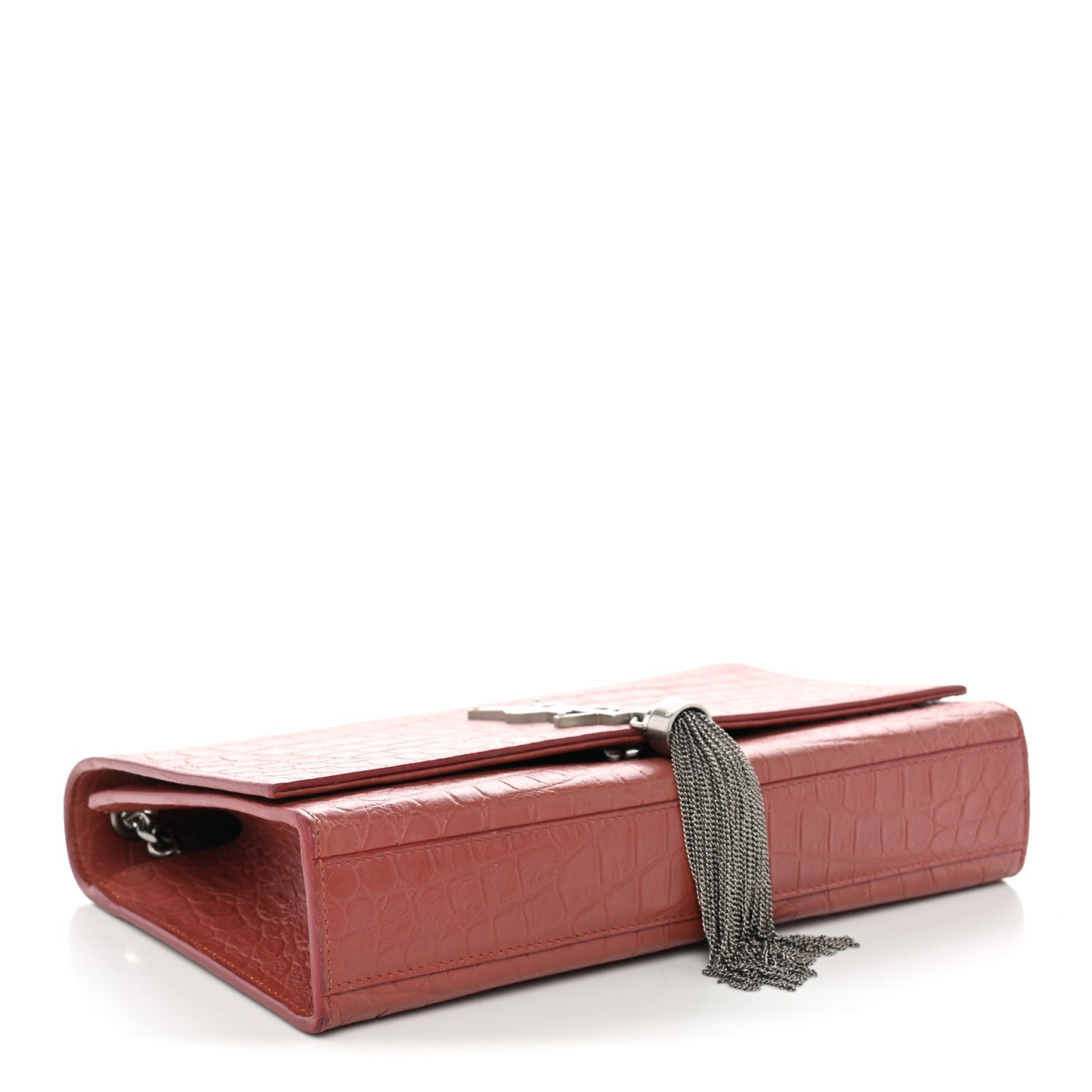 Calfskin Crocodile Embossed Medium Classic Monogram Kate Tassel Satchel Pink