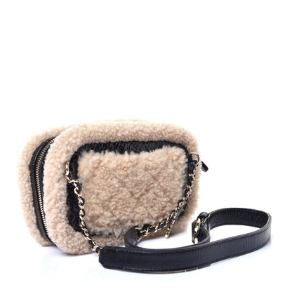 Chanel Shiny Crumpled Sheepskin Shearling Waist Bag Black Beige 3 of 9