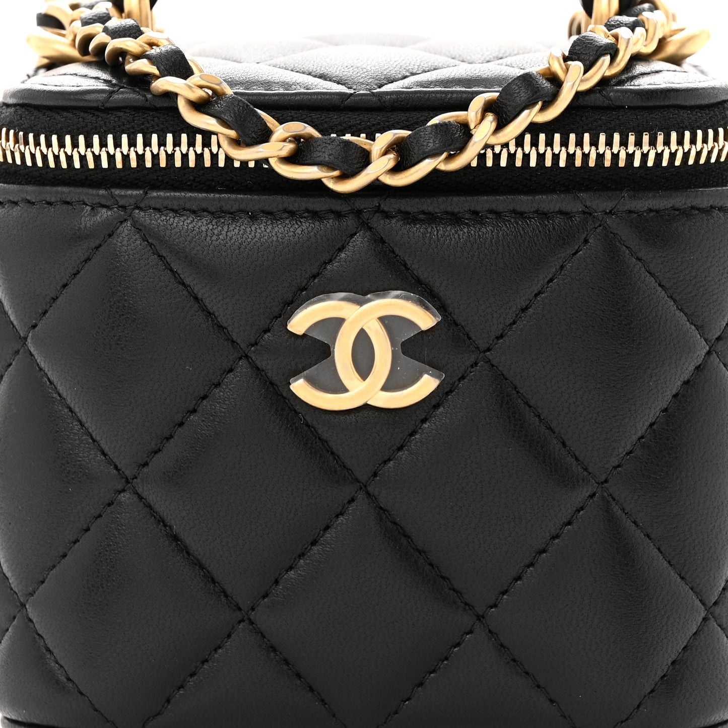 Lambskin Quilted Metal Mini Top Handle Vanity Case With Chain Black