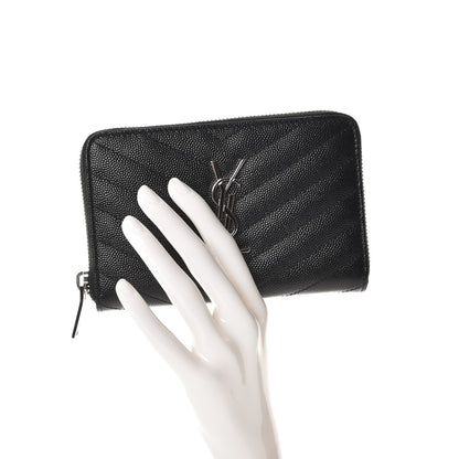 Saint Laurent Grain De Poudre Matelasse Chevron Monogram Zip Around Wallet Black 2 of 9