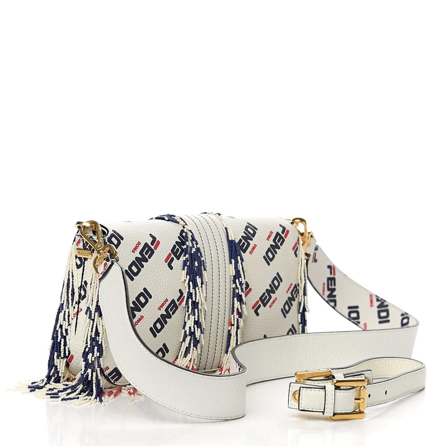 Fendi X FILA Calfskin Mania Fringe Baguette White 2 of 8