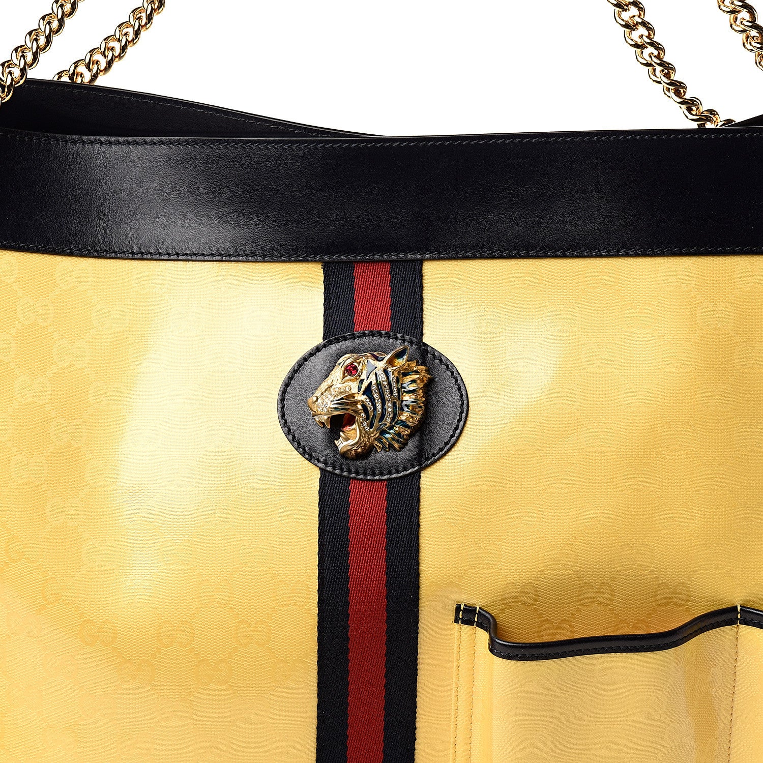 Gucci Crystal Monogram Maxi Rajah Chain Tote Straw Yellow Blue 10 of 10