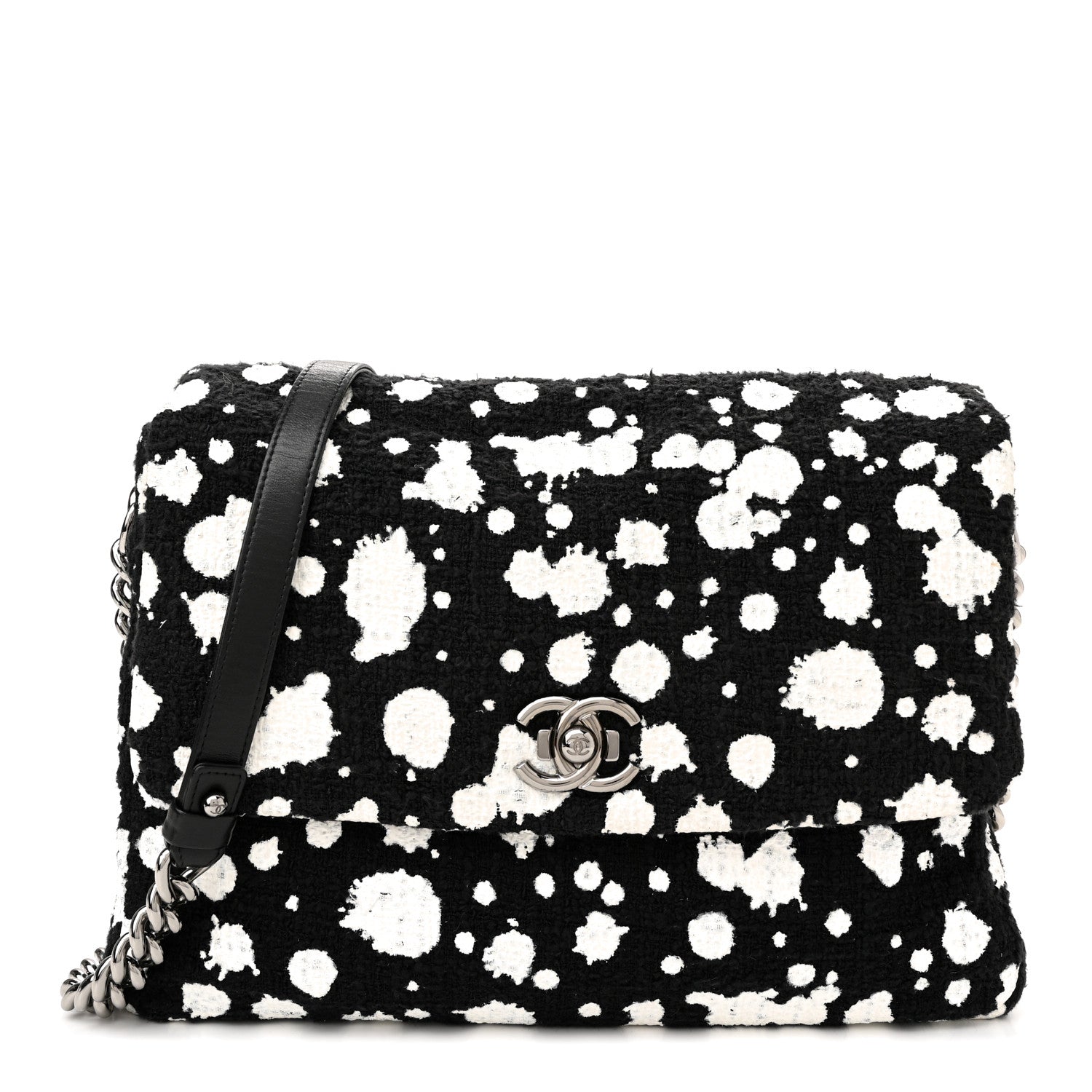 Chanel Tweed Paint Splatter Print Flap Black White 1 of 13