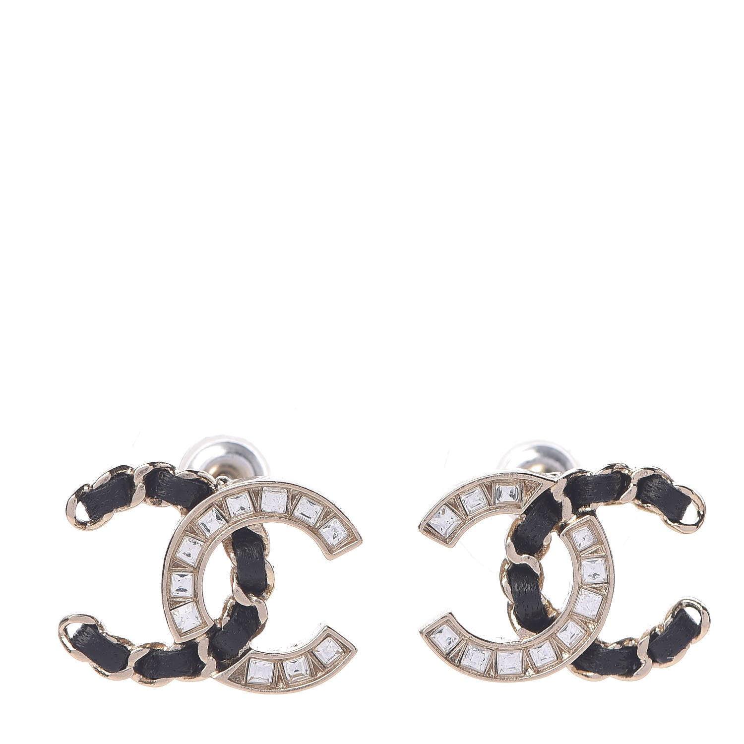 Chanel Crystal Baguette Lambskin Chain CC Vintage Allure Stud Earrings Black Gold 1 of 5