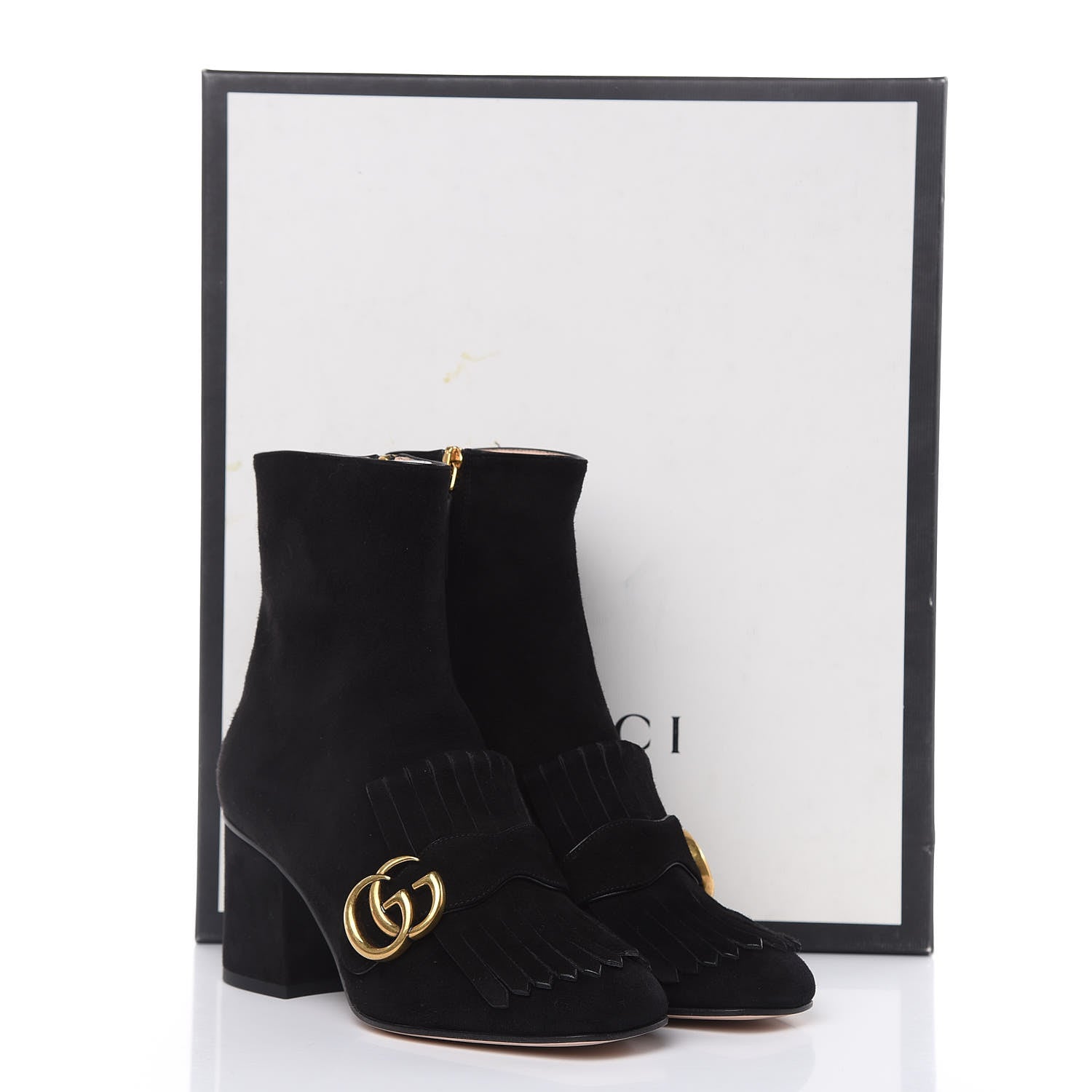 Gucci Kid Scamosciato GG Marmont Fringe 75mm Ankle Boots 35 Black 9 of 9