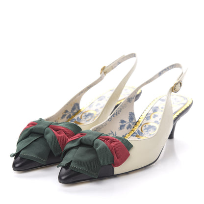 Gucci Malaga Kid Web Bow Jane Low Heel Slingback Pumps 34 Vintage White 3 of 9