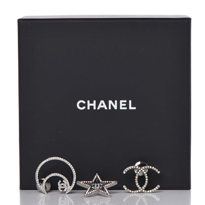Chanel Crystal CC Moon Star Pin Brooch Set Silver 5 of 5