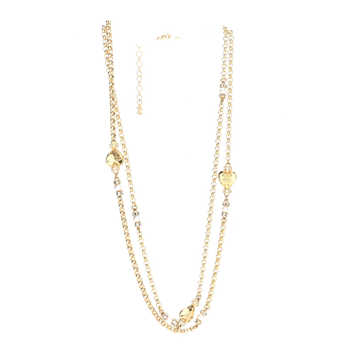 Crystal Pearl Heart CC Long Necklace Gold