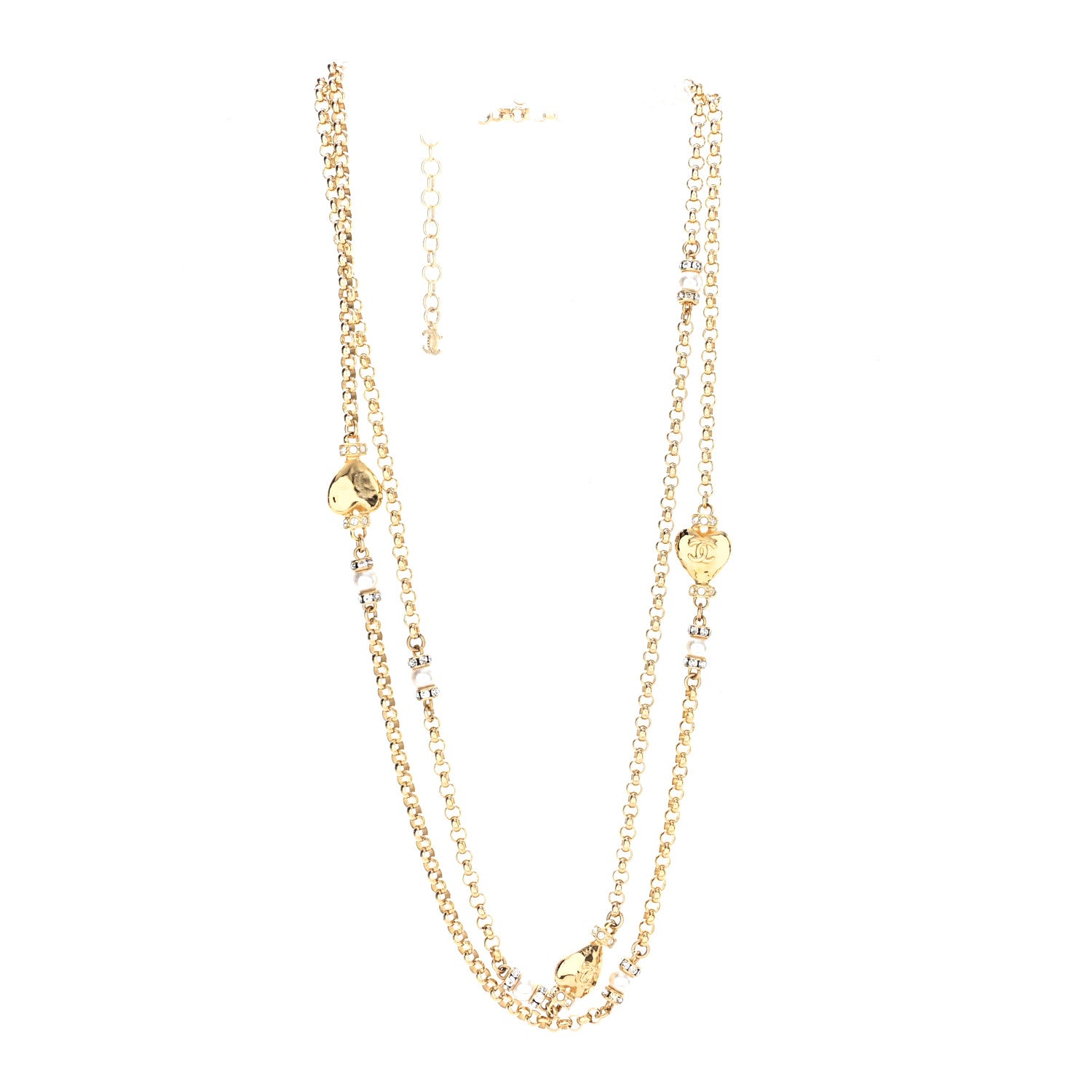 Chanel Crystal Pearl Heart CC Long Necklace Gold 3 of 6