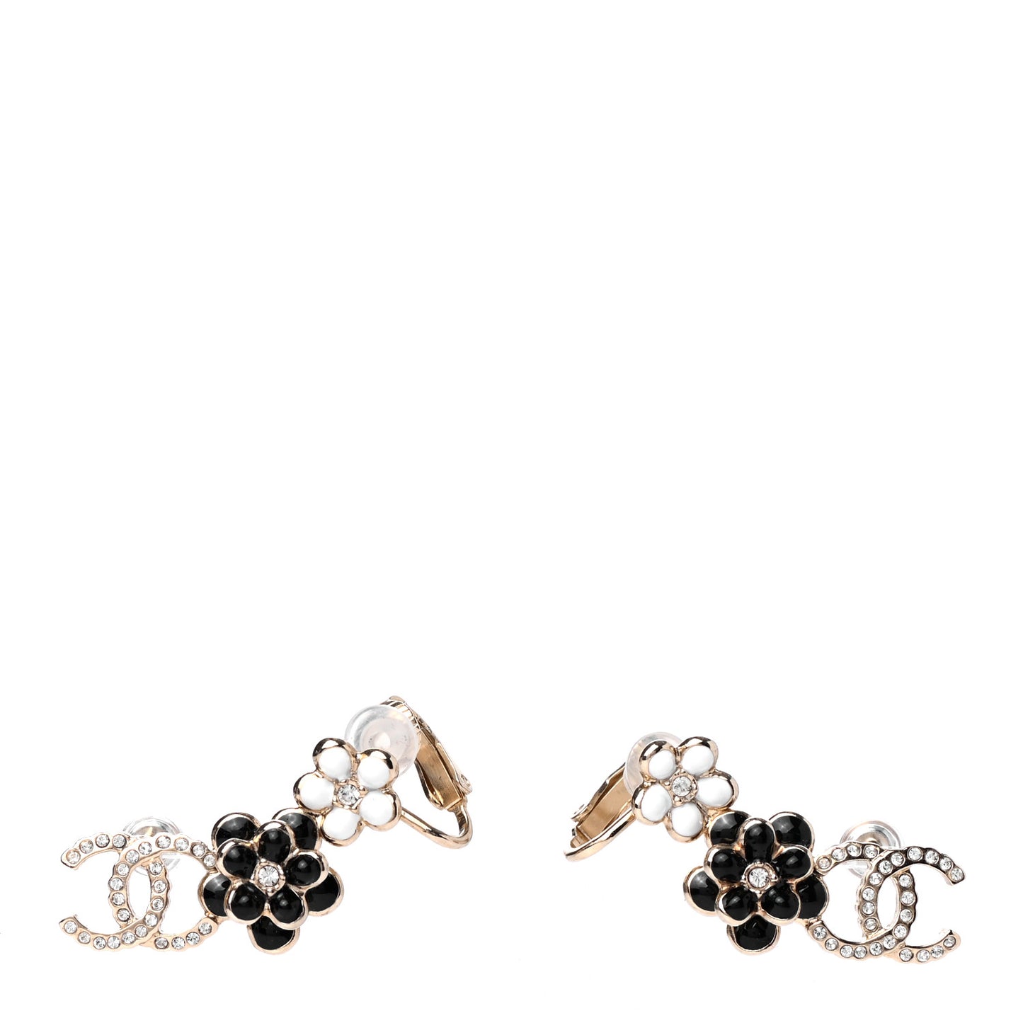 Crystal Enamel Flower CC Earrings Gold White Black