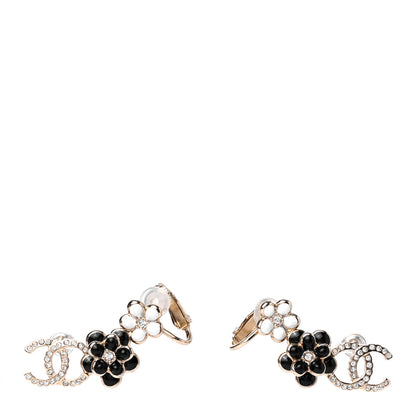 Chanel Crystal Enamel Flower CC Earrings Gold White Black 1 of 4