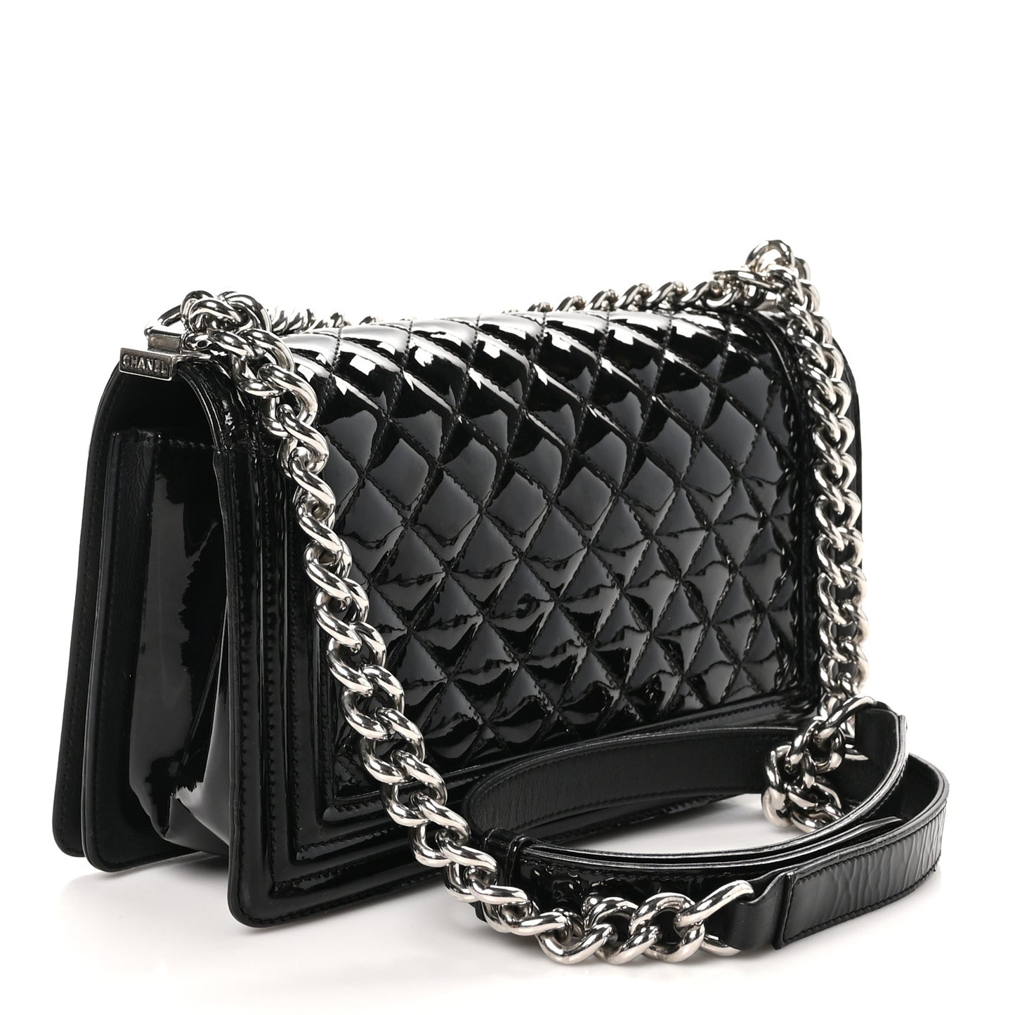 Patent Calfskin Quilted Medium Plexiglass Boy Flap Black