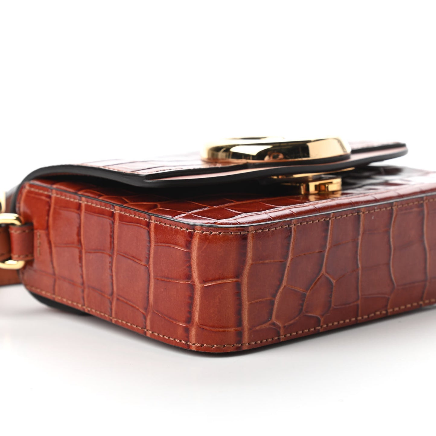 Calfskin Crocodile Embossed Mini C Double Carry Chestnut Brown