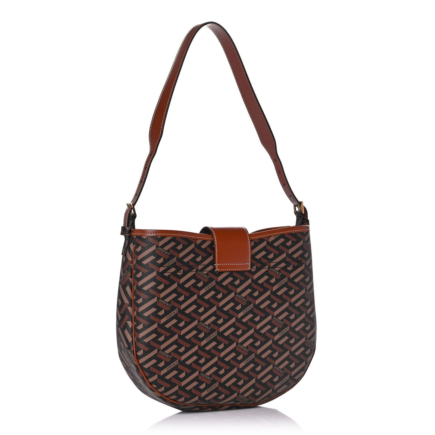Coated Canvas Calfskin La Greca Signature Shoulder Bag Black Caramel