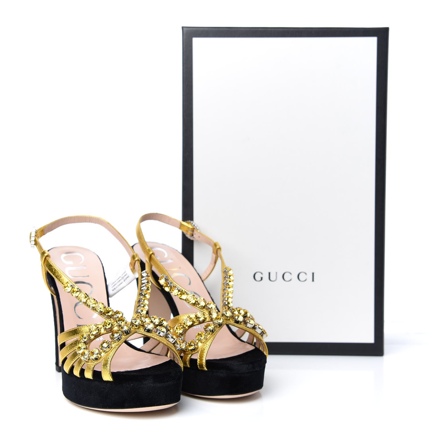 Gucci Velvet Nappa Crystal Zephyra Slingback Platform High Heel Sandals 35.5 Black Gold 10 of 10