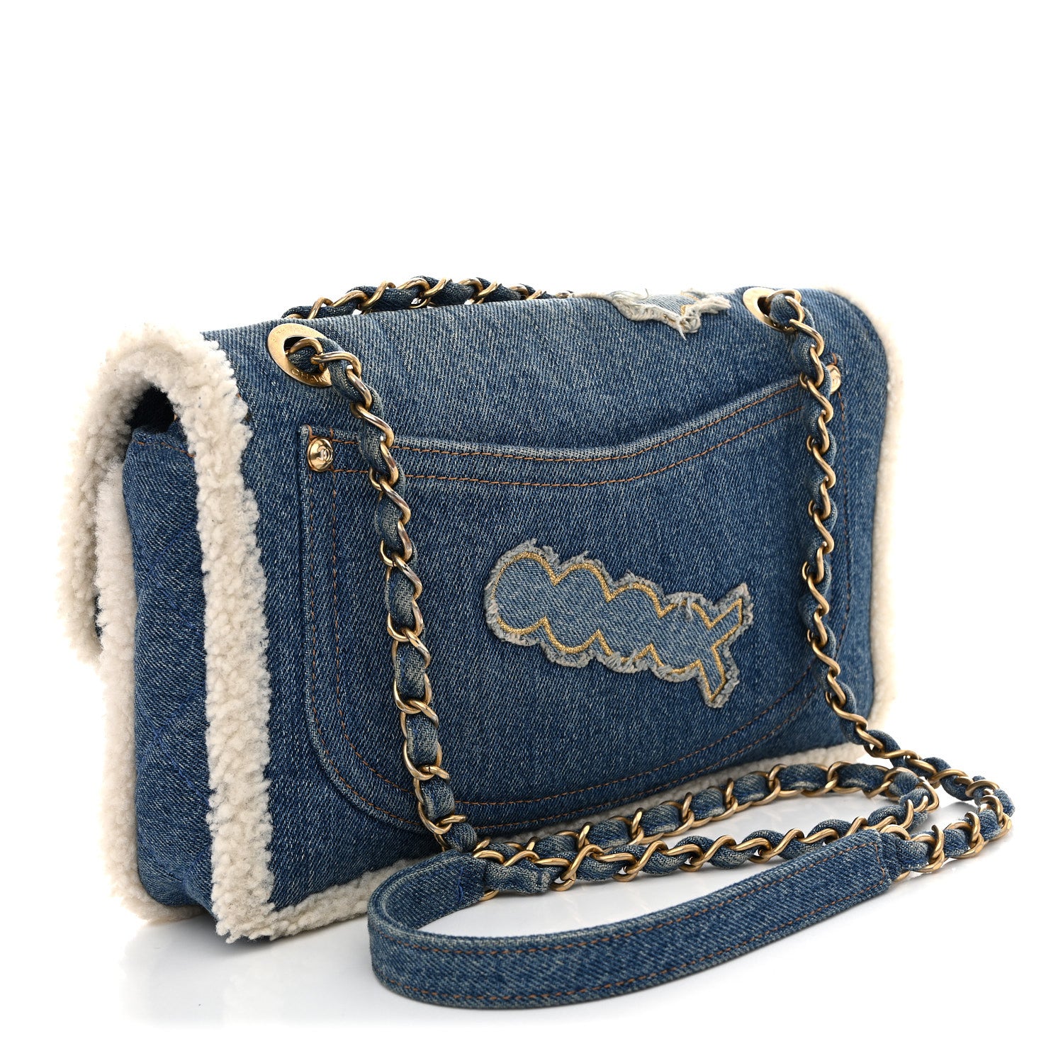 Chanel Denim Shearling Hieroglyph Flap Blue 3 of 11