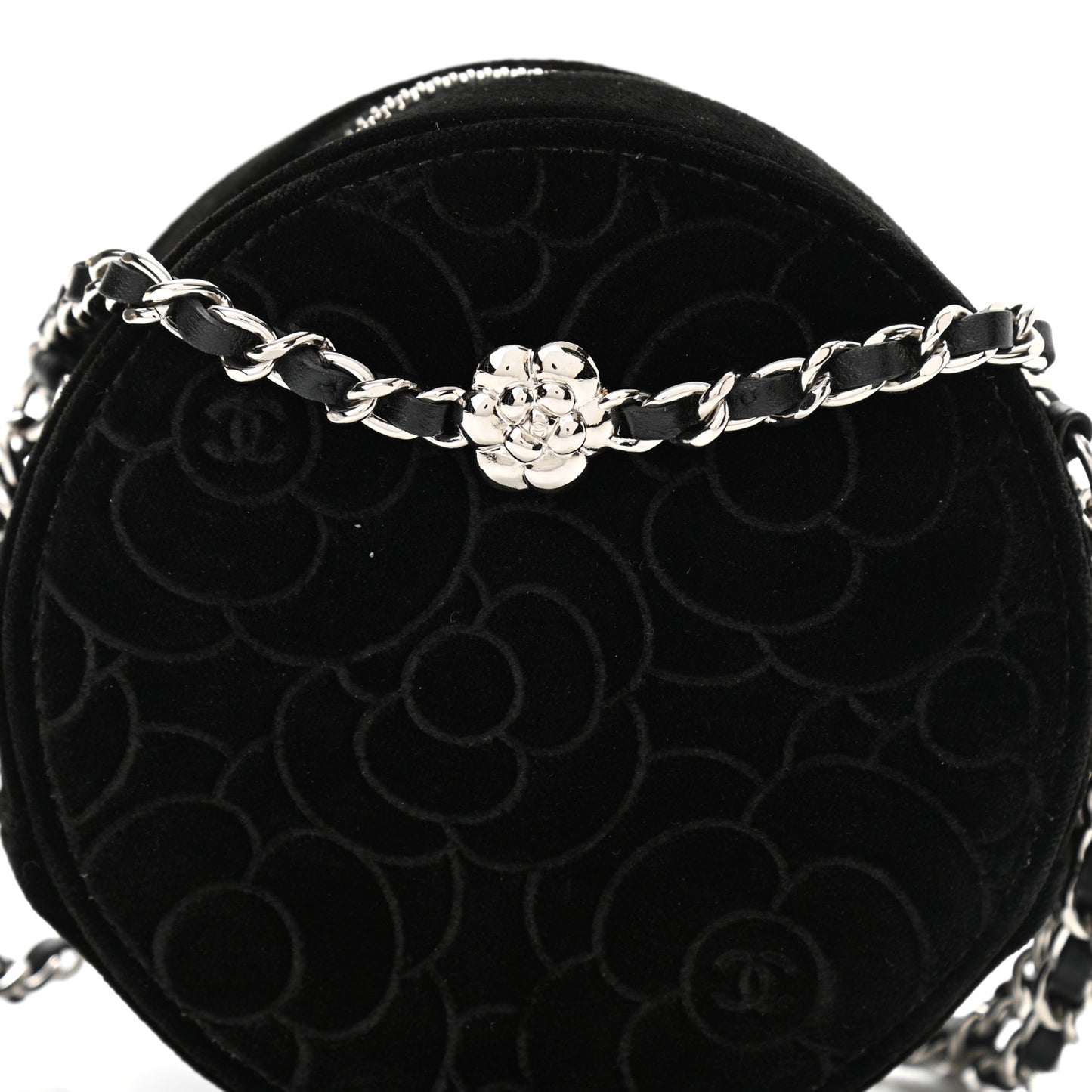 Velvet Camellia Round Clutch With Chain Black