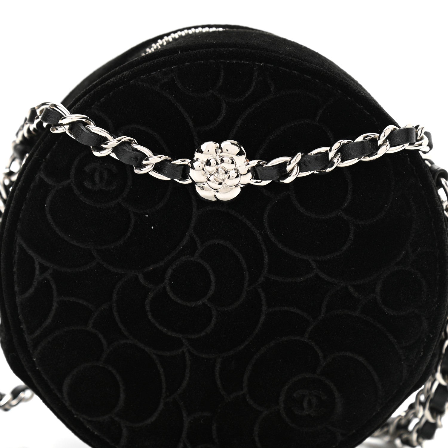 Chanel Velvet Camellia Round Clutch With Chain Black 8 of 9