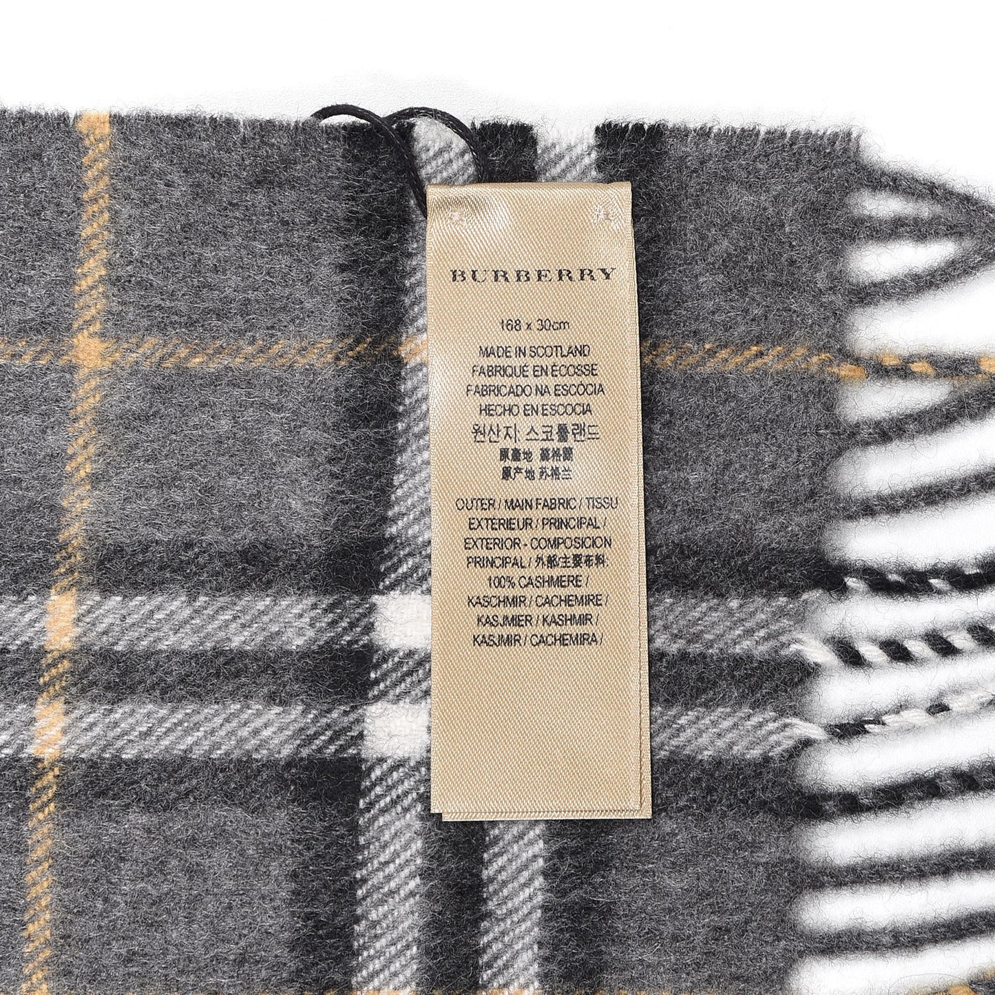 Cashmere Vintage Check Fringe Scarf Grey