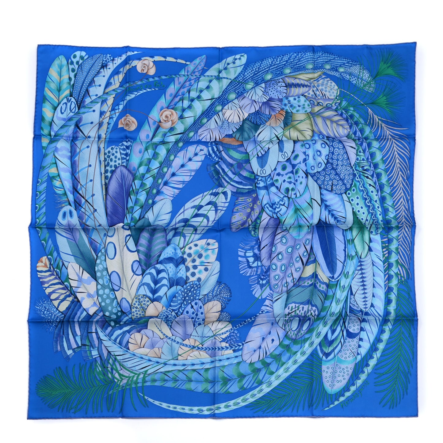 Silk Plumes En Fete Scarf 90 Bleu Cobalt Turquoise